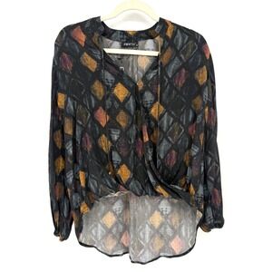 APNY Blouse Vegan Silk Womens Small Artistic Artsy Earthy Glam Diamond Print